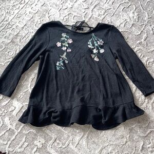 LC Lauren Conrad Black Top with Floral Embroidery Small 3/4 Sleeve Ruffle